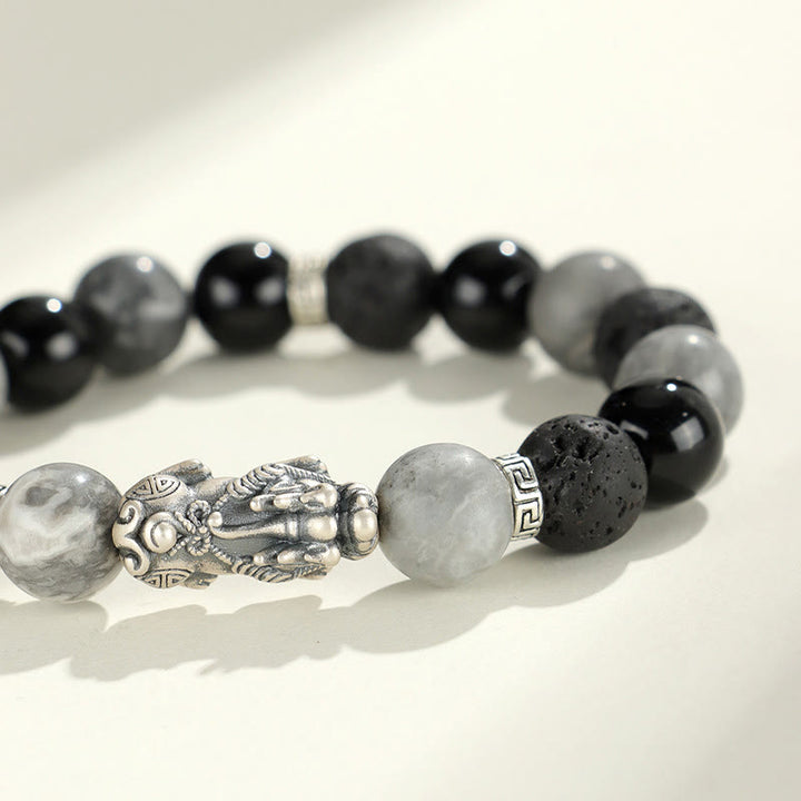 Bracelet de protection en argent Buddha Stones 999 PiXiu, onyx noir, jaspe gris et pierre de lave