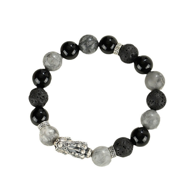 Bracelet de protection en argent Buddha Stones 999 PiXiu, onyx noir, jaspe gris et pierre de lave
