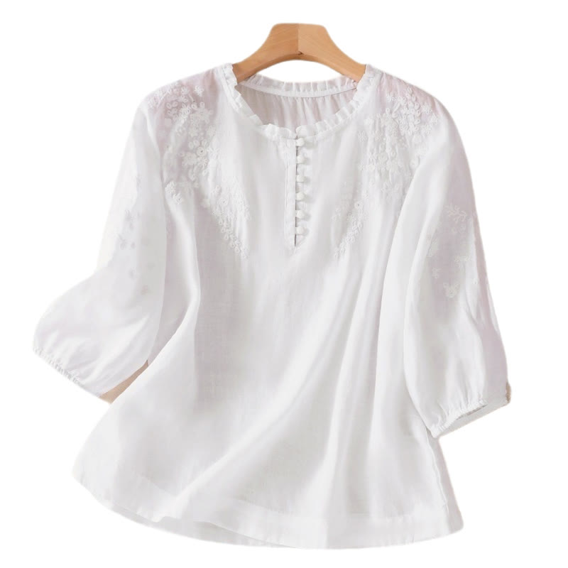 Chemise décontractée en coton et lin pour femme, à manches bouffantes et à boutons, motif floral brodé, motif Buddha Stones - image 12