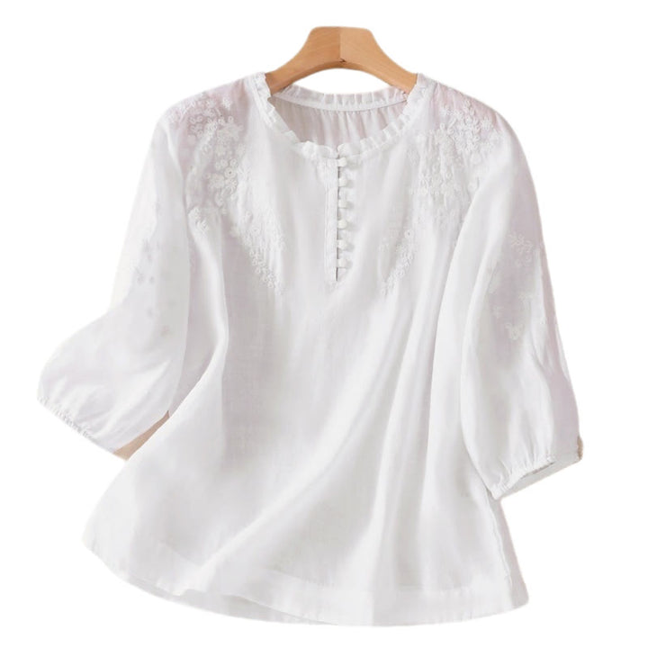 Chemise décontractée en coton et lin pour femme, à manches bouffantes et à boutons, motif floral brodé, motif Buddha Stones - image 12