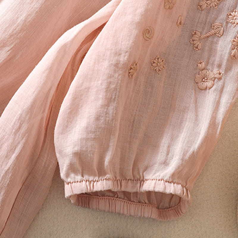 Chemise décontractée en coton et lin pour femme, à manches bouffantes et à boutons, motif floral brodé, motif Buddha Stones - image 17