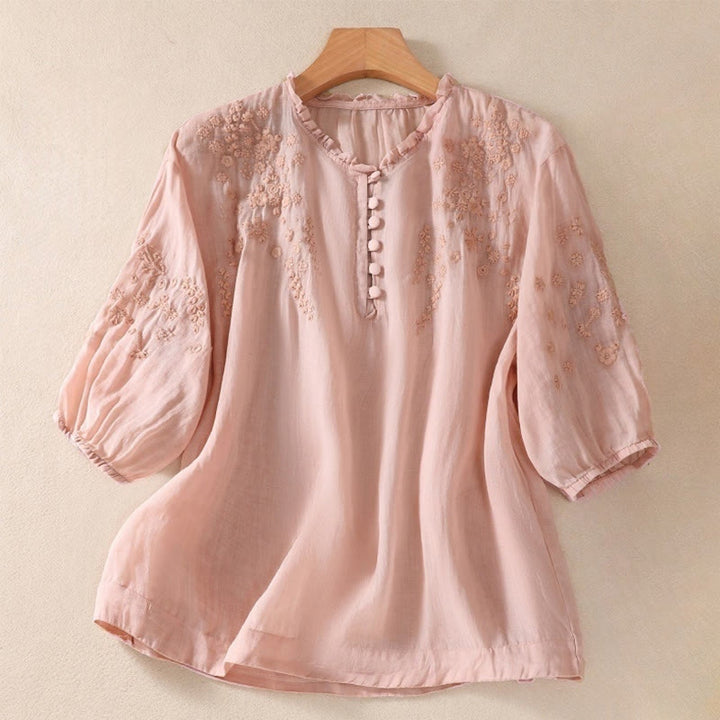Chemise décontractée en coton et lin pour femme, à manches bouffantes et à boutons, motif floral brodé, motif Buddha Stones - Rose clair - US8-10，UK/AU12-14，EU40-42 (2XL) - image 13