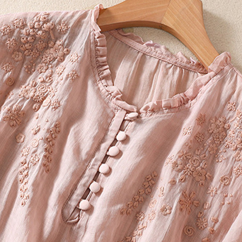 Chemise décontractée en coton et lin pour femme, à manches bouffantes et à boutons, motif floral brodé, motif Buddha Stones - image 15