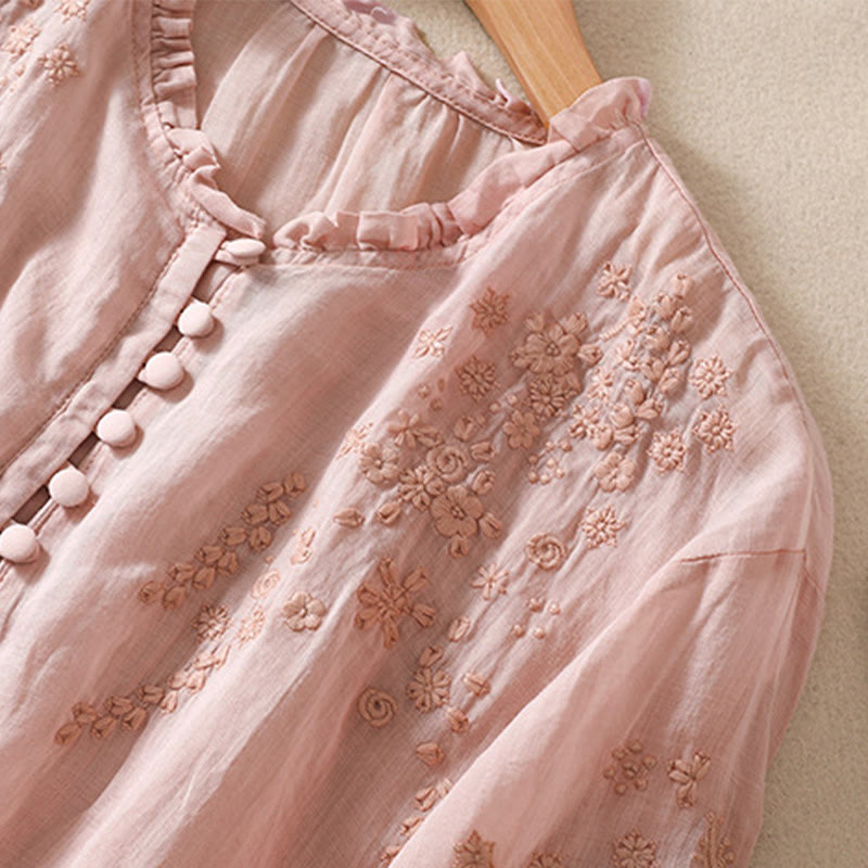 Chemise décontractée en coton et lin pour femme, à manches bouffantes et à boutons, motif floral brodé, motif Buddha Stones - image 16