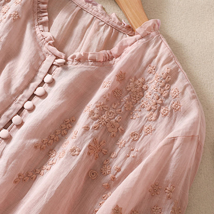 Chemise décontractée en coton et lin pour femme, à manches bouffantes et à boutons, motif floral brodé, motif Buddha Stones - image 16