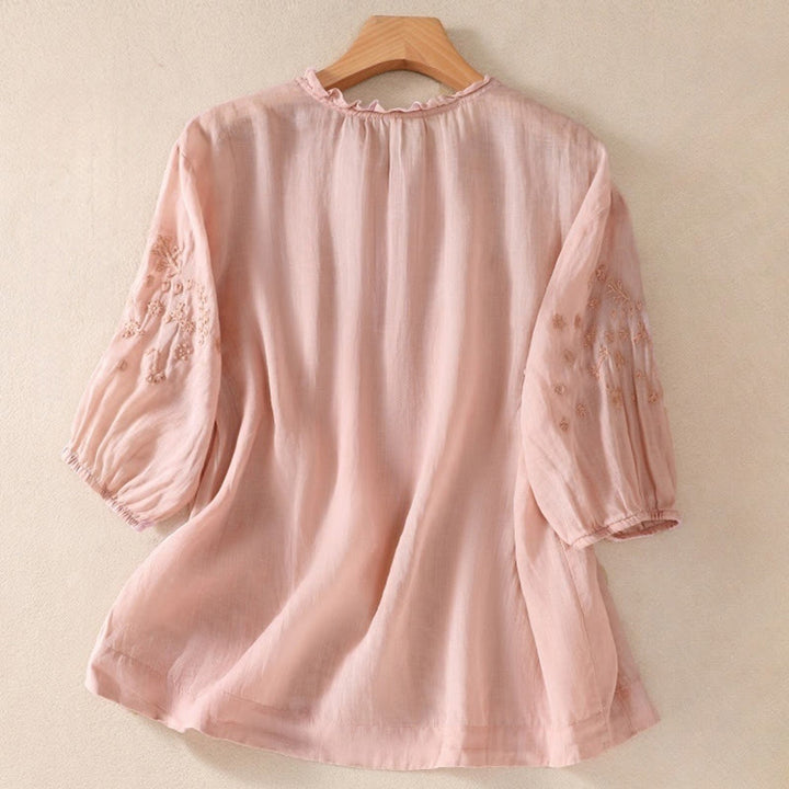 Chemise décontractée en coton et lin pour femme, à manches bouffantes et à boutons, motif floral brodé, motif Buddha Stones - image 14