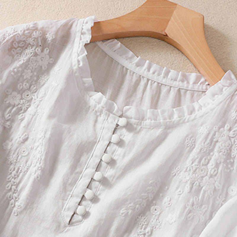 Chemise décontractée en coton et lin pour femme, à manches bouffantes et à boutons, motif floral brodé, motif Buddha Stones - image 8