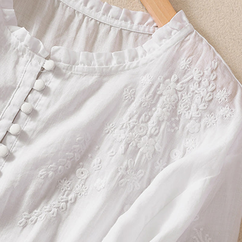 Chemise décontractée en coton et lin pour femme, à manches bouffantes et à boutons, motif floral brodé, motif Buddha Stones - image 9