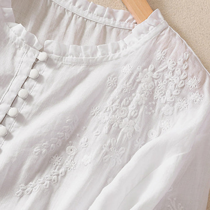 Chemise décontractée en coton et lin pour femme, à manches bouffantes et à boutons, motif floral brodé, motif Buddha Stones - image 9