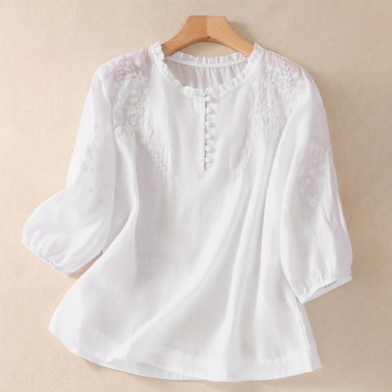 Chemise décontractée en coton et lin pour femme, à manches bouffantes et à boutons, motif floral brodé, motif Buddha Stones - Fumée blanche - US8-10，UK/AU12-14，EU40-42 (2XL) - image 7