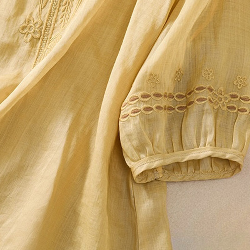 T-shirt femme en coton et lin à manches bouffantes et col ras du cou avec motif floral brodé et motif Buddha Stones - image 17