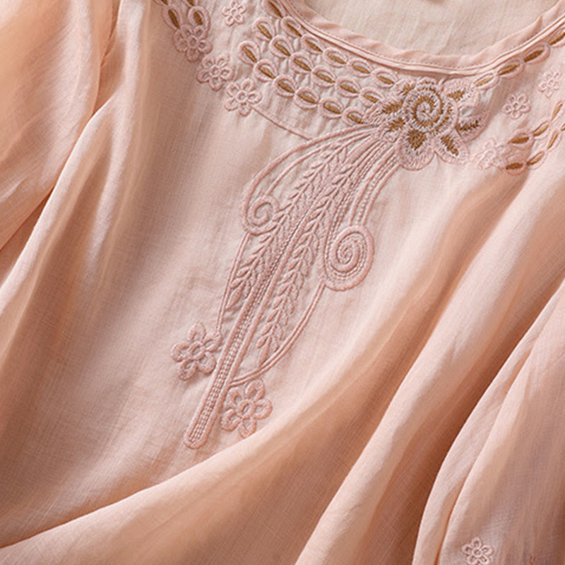 T-shirt femme en coton et lin à manches bouffantes et col ras du cou avec motif floral brodé et motif Buddha Stones - image 6