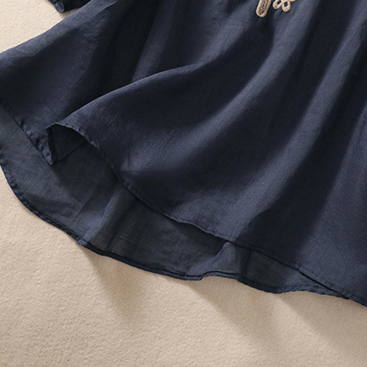 T-shirt femme en coton et lin à manches bouffantes et col ras du cou avec motif floral brodé et motif Buddha Stones - image 4