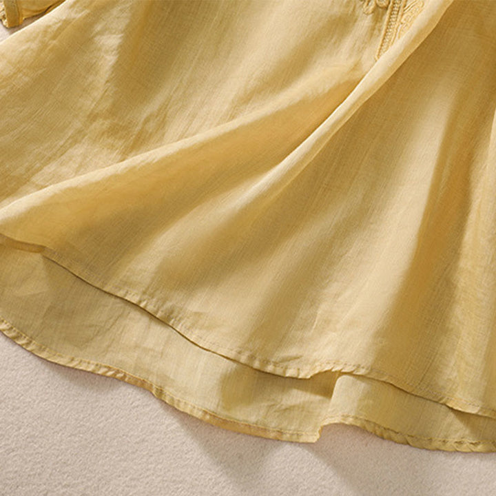 T-shirt femme en coton et lin à manches bouffantes et col ras du cou avec motif floral brodé et motif Buddha Stones - image 18