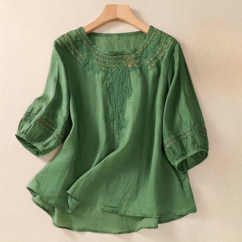 T-shirt femme en coton et lin à manches bouffantes et col ras du cou avec motif floral brodé et motif Buddha Stones