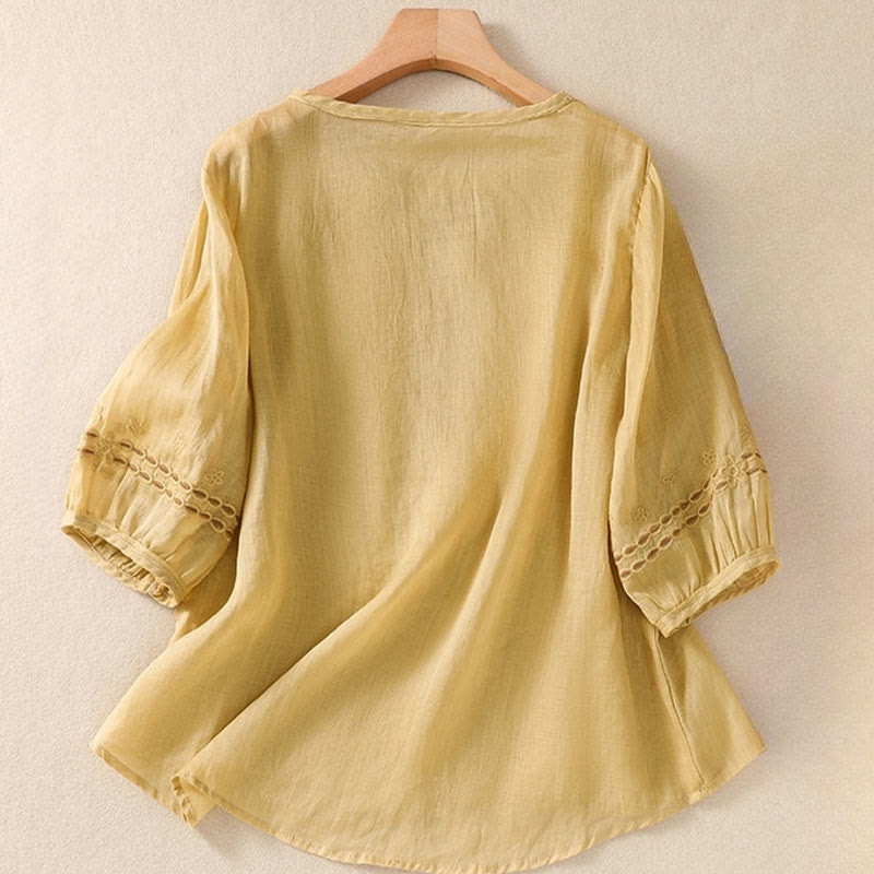 T-shirt femme en coton et lin à manches bouffantes et col ras du cou avec motif floral brodé et motif Buddha Stones