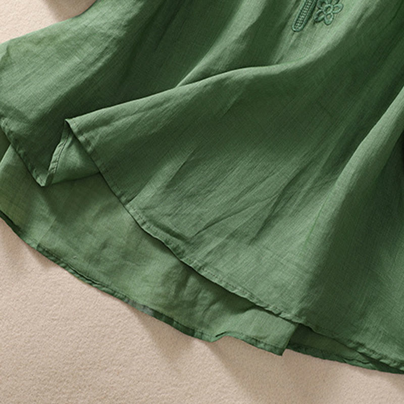 T-shirt femme en coton et lin à manches bouffantes et col ras du cou avec motif floral brodé et motif Buddha Stones - image 24