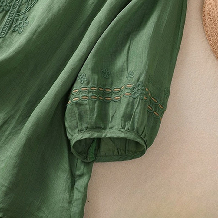 T-shirt femme en coton et lin à manches bouffantes et col ras du cou avec motif floral brodé et motif Buddha Stones - image 23