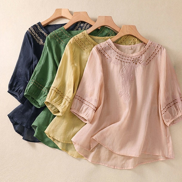 T-shirt femme en coton et lin à manches bouffantes et col ras du cou avec motif floral brodé et motif Buddha Stones - image 25