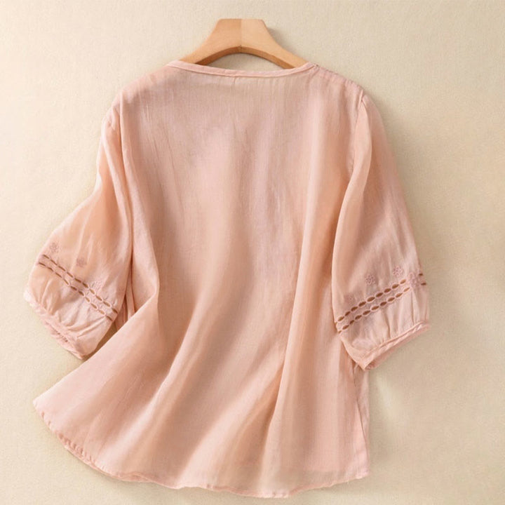 T-shirt femme en coton et lin à manches bouffantes et col ras du cou avec motif floral brodé et motif Buddha Stones - MistyRose - US8-10，UK/AU12-14，EU40-42 (2XL) - image 5