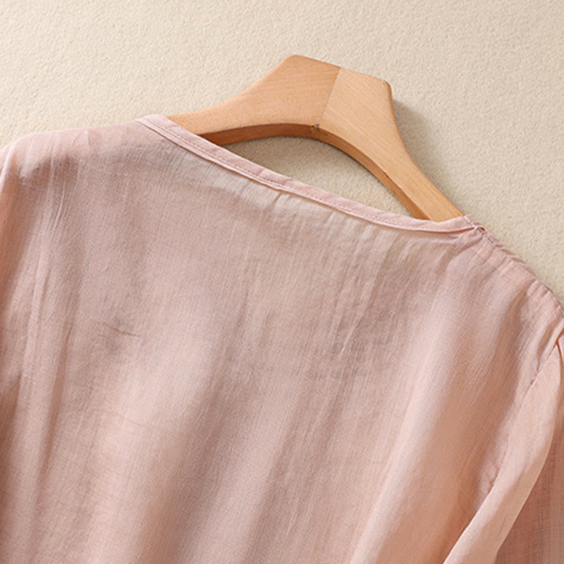 T-shirt femme en coton et lin à manches bouffantes et col ras du cou avec motif floral brodé et motif Buddha Stones - image 8