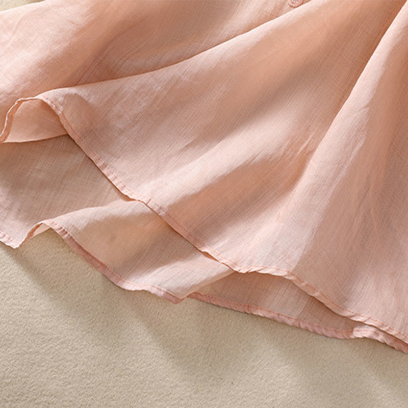 T-shirt femme en coton et lin à manches bouffantes et col ras du cou avec motif floral brodé et motif Buddha Stones - image 10