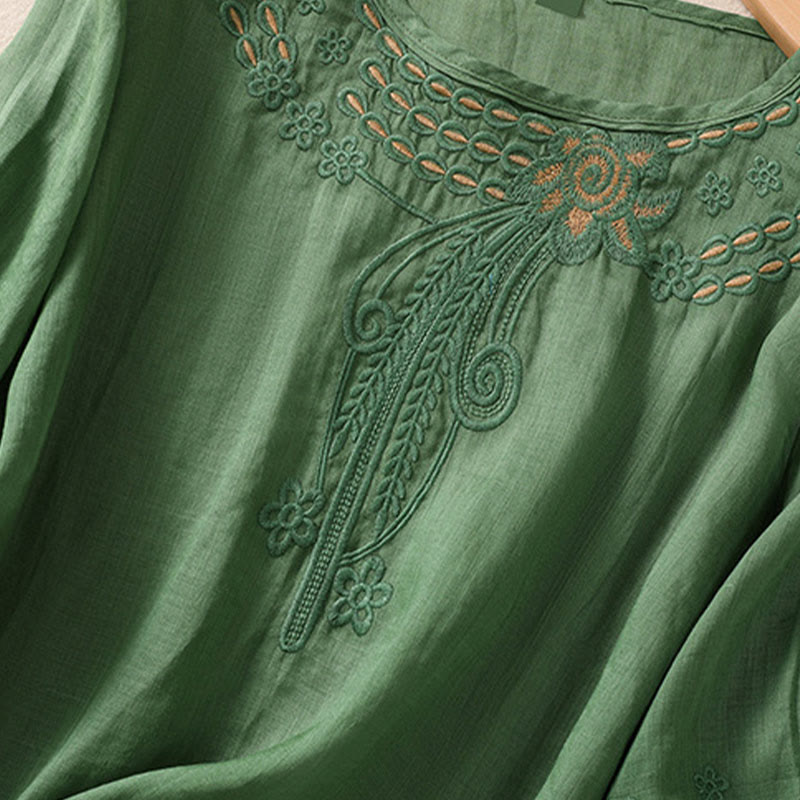 T-shirt femme en coton et lin à manches bouffantes et col ras du cou avec motif floral brodé et motif Buddha Stones