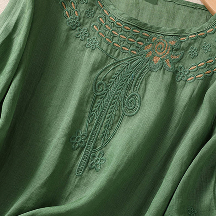 T-shirt femme en coton et lin à manches bouffantes et col ras du cou avec motif floral brodé et motif Buddha Stones