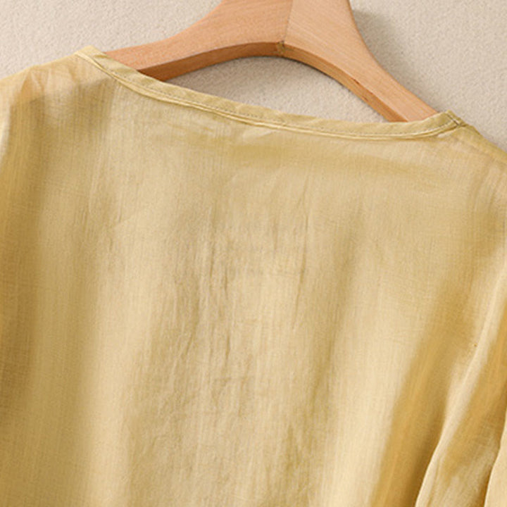 T-shirt femme en coton et lin à manches bouffantes et col ras du cou avec motif floral brodé et motif Buddha Stones - image 16