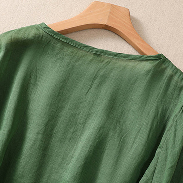 T-shirt femme en coton et lin à manches bouffantes et col ras du cou avec motif floral brodé et motif Buddha Stones - image 21