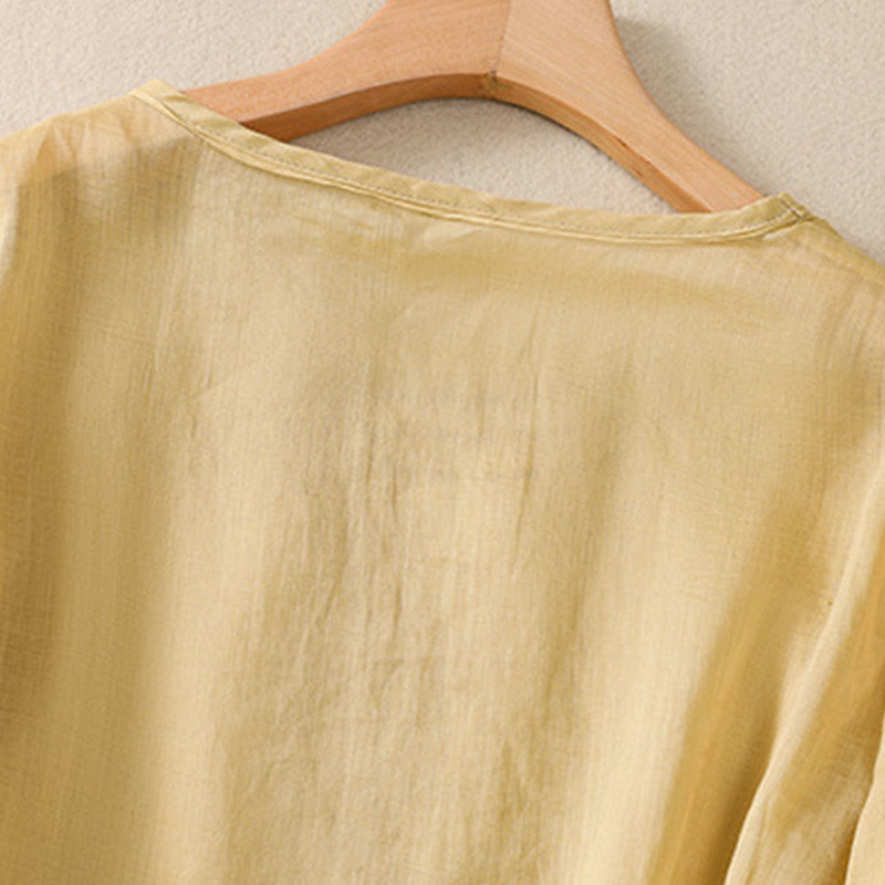 T-shirt femme en coton et lin à manches bouffantes et col ras du cou avec motif floral brodé et motif Buddha Stones - image 16