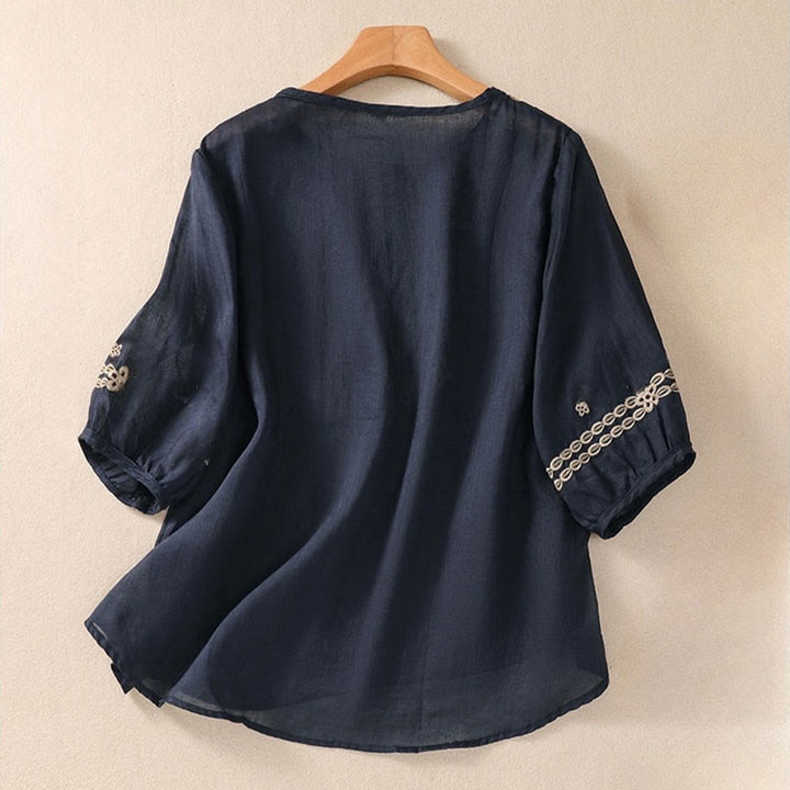 T-shirt femme en coton et lin à manches bouffantes et col ras du cou avec motif floral brodé et motif Buddha Stones