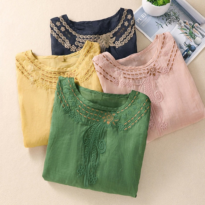 T-shirt femme en coton et lin à manches bouffantes et col ras du cou avec motif floral brodé et motif Buddha Stones