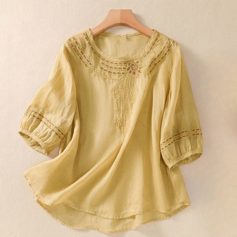 T-shirt femme en coton et lin à manches bouffantes et col ras du cou avec motif floral brodé et motif Buddha Stones - Kaki - US8-10，UK/AU12-14，EU40-42 (2XL) - image 12