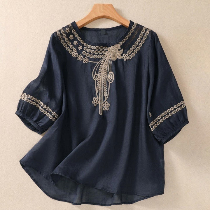 T-shirt femme en coton et lin à manches bouffantes et col ras du cou avec motif floral brodé et motif Buddha Stones