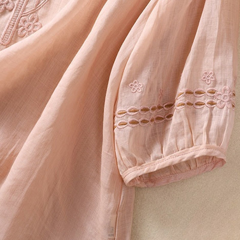 T-shirt femme en coton et lin à manches bouffantes et col ras du cou avec motif floral brodé et motif Buddha Stones - image 9