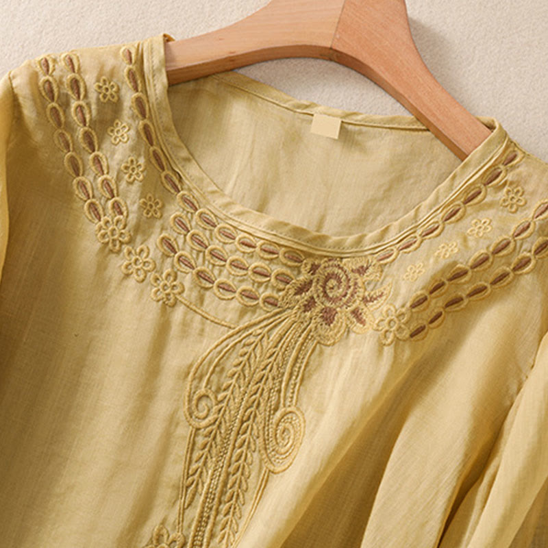 T-shirt femme en coton et lin à manches bouffantes et col ras du cou avec motif floral brodé et motif Buddha Stones - image 14