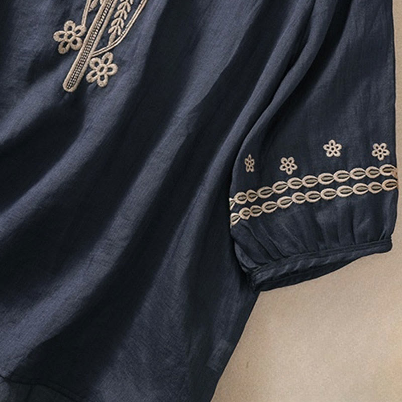 T-shirt femme en coton et lin à manches bouffantes et col ras du cou avec motif floral brodé et motif Buddha Stones