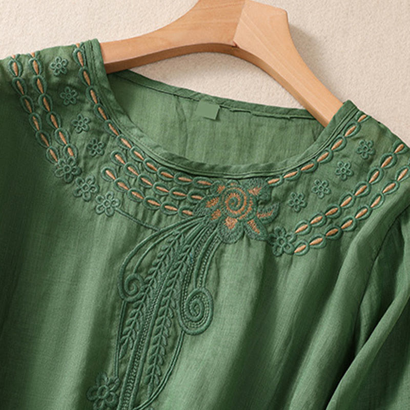 T-shirt femme en coton et lin à manches bouffantes et col ras du cou avec motif floral brodé et motif Buddha Stones