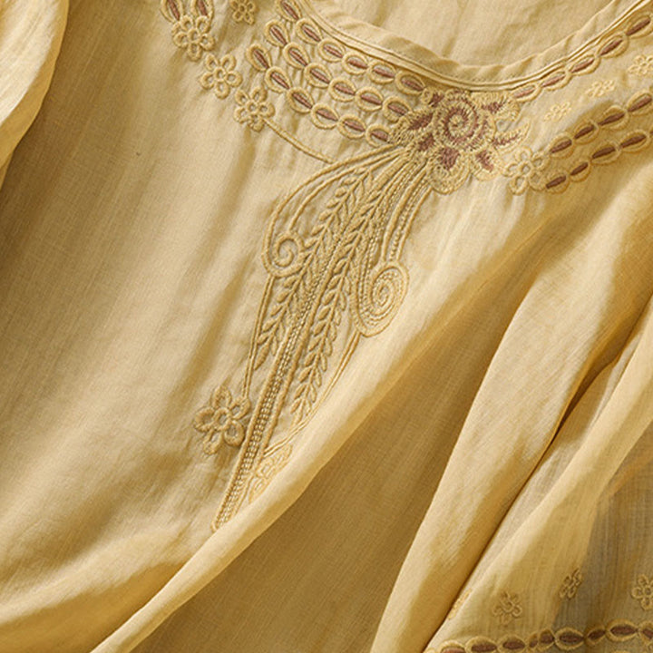 T-shirt femme en coton et lin à manches bouffantes et col ras du cou avec motif floral brodé et motif Buddha Stones - image 15