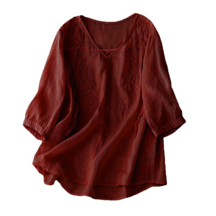 Chemise décontractée à manches mi-longues et col en V pour femme avec broderies de feuilles de saule et Buddha Stones