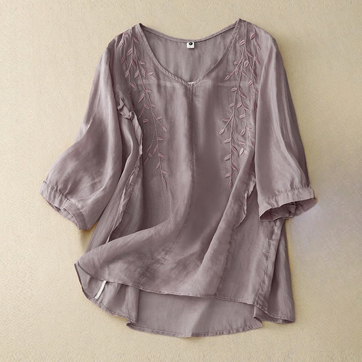 Chemise décontractée à manches mi-longues et col en V pour femme avec broderies de feuilles de saule et Buddha Stones