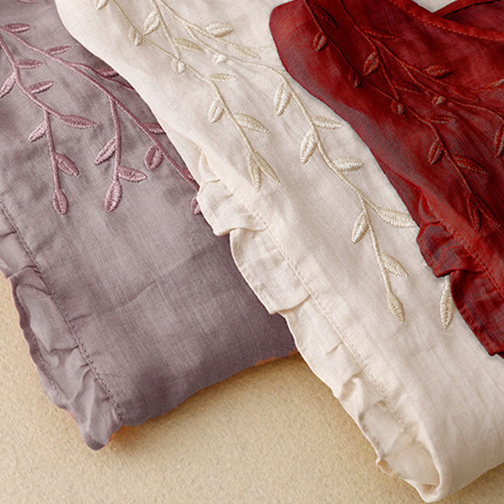 Chemise décontractée à manches mi-longues et col en V pour femme avec broderies de feuilles de saule et Buddha Stones