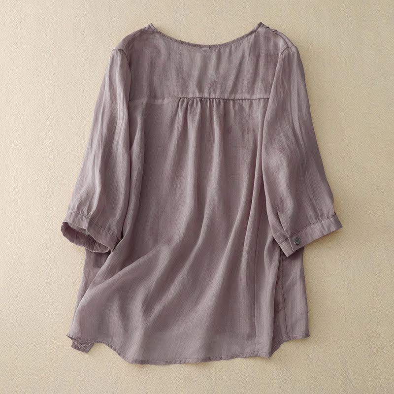 Chemise décontractée à manches mi-longues et col en V pour femme avec broderies de feuilles de saule et Buddha Stones