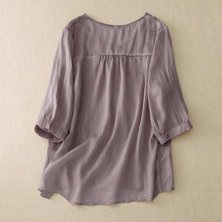 Chemise décontractée à manches mi-longues et col en V pour femme avec broderies de feuilles de saule et Buddha Stones