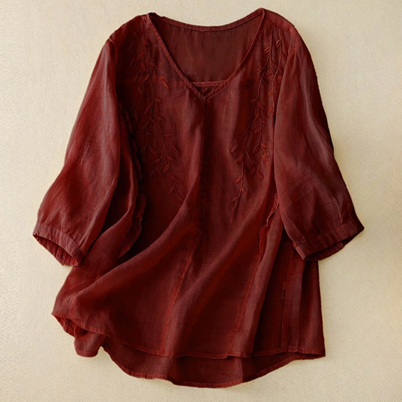Chemise décontractée à manches mi-longues et col en V pour femme avec broderies de feuilles de saule et Buddha Stones