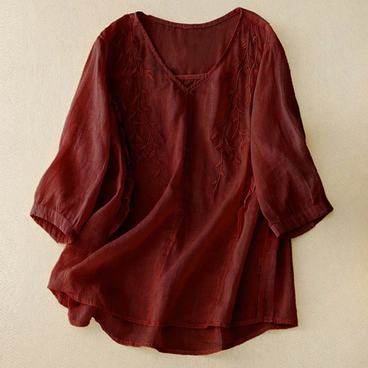 Chemise décontractée à manches mi-longues et col en V pour femme avec broderies de feuilles de saule et Buddha Stones