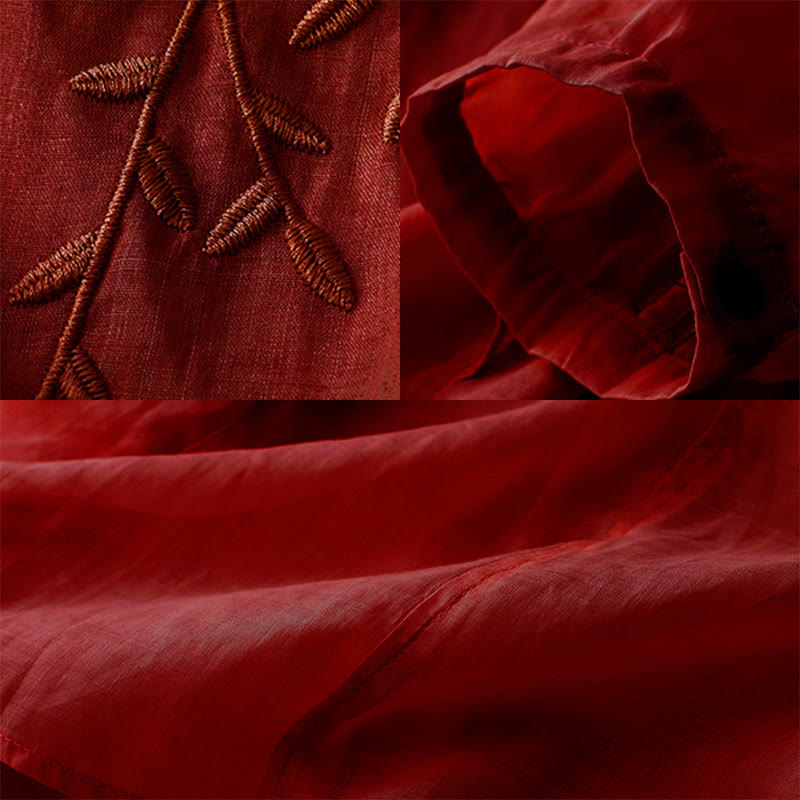 Chemise décontractée à manches mi-longues et col en V pour femme avec broderies de feuilles de saule et Buddha Stones