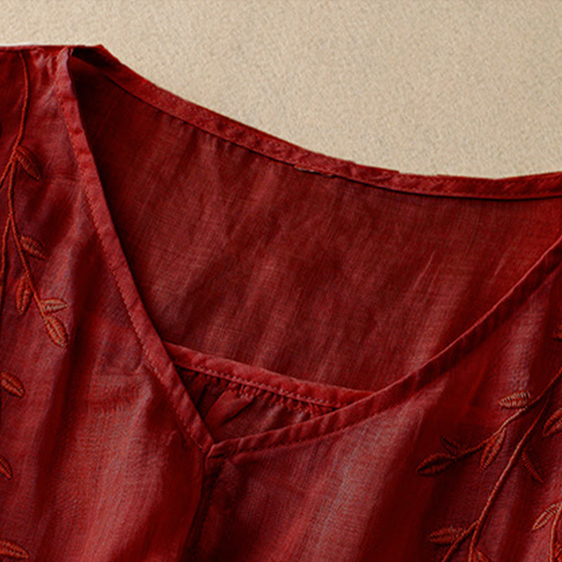 Chemise décontractée à manches mi-longues et col en V pour femme avec broderies de feuilles de saule et Buddha Stones