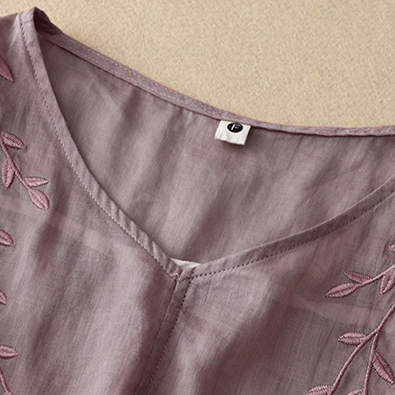 Chemise décontractée à manches mi-longues et col en V pour femme avec broderies de feuilles de saule et Buddha Stones
